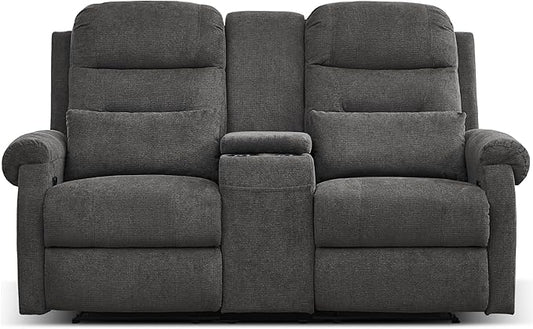 DRMBOOK RV Loveseat Recliner Sofa with Console, Flax Velvet Double Wall Hugger Reclining Couch Manual Home Movie Seating 2 Person Recliner Chair with Cup Holders/Storage/Pocket/Lumbar Pillow, Grey