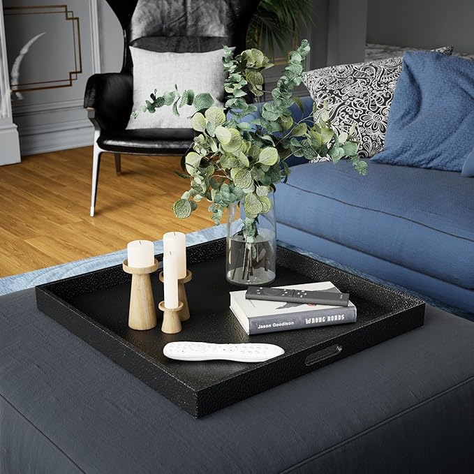 Hanobe Square Large Ottoman Tray: Extra Large Black Serving Tray for Ottomans Big Leather Decorative Tray with Handles for Coffee Table Living Room 22" x 22"