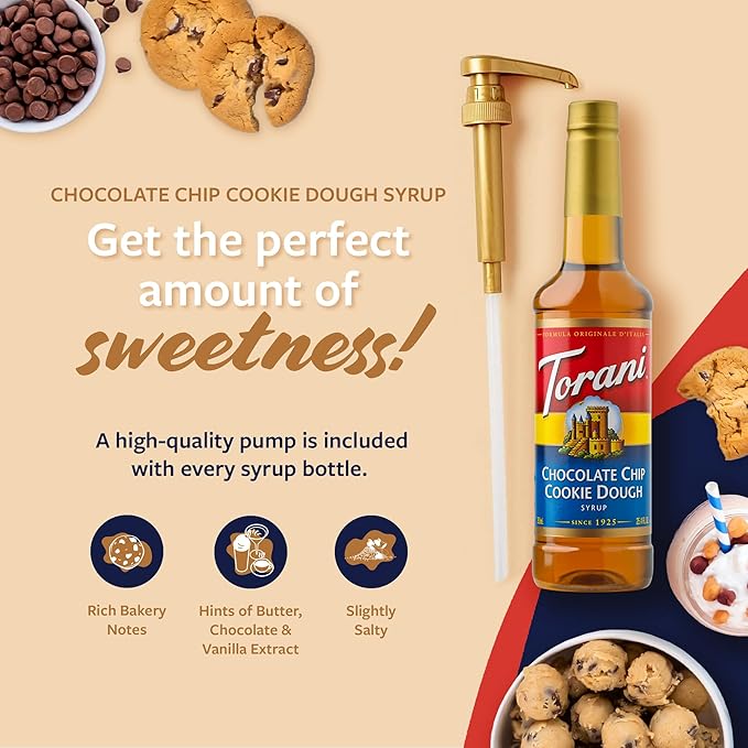 Torani Chocolate Chip Cookie Dough Coffee Syrup, Flavored Syrup for Drinks, Pump Included, 25.4 Fl Oz