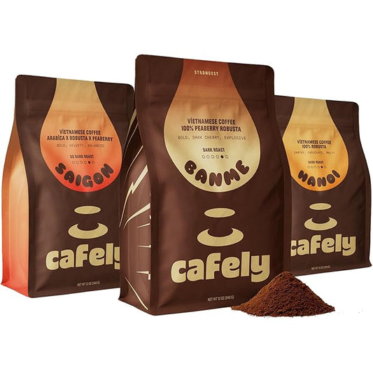 Cafely Vietnamese Awakening Coffee Trio - Ground Coffee Variety Pack (BanMe Peaberry, Hanoi Robusta, Saigon Blend) - Dark Roast, High Caffeine, Low Acid, Direct Trade, For French Press - 3x12oz
