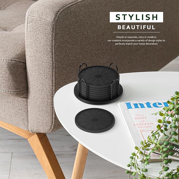 Coasters Set of 8 for Drinks with Holder, 4" Large Silicone Coasters for Coffee Table, Deep Tray Non-Slip Drink Coasters for Table Protection, Heat Resistant & Dishwasher Safe, Black