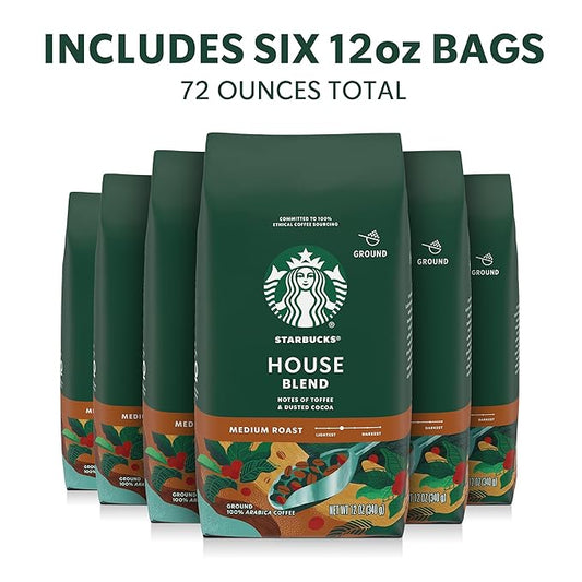 Starbucks Ground Coffee, Medium Roast Hot or Iced Coffee, House Blend, Six 12 oz Bags
