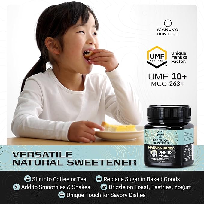 Manuka Hunters UMF 10+/MGO 263+ Certified New Zealand Manuka Honey - 100% Pure Natural Sweetener - Gluten, Dairy Free - Ideal for Tea, Coffee, Smoothies, and Baking - Sustainable - 8.8oz/250g Jar