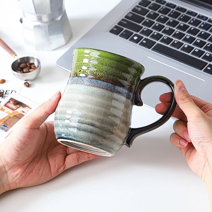 21 oz Large Ceramic Coffee Mugs, Handmade Cup with Large Handle, Big Tea and Coffee Cups for Office and Home, Microwave and Dishwasher Safe (Light Green)
