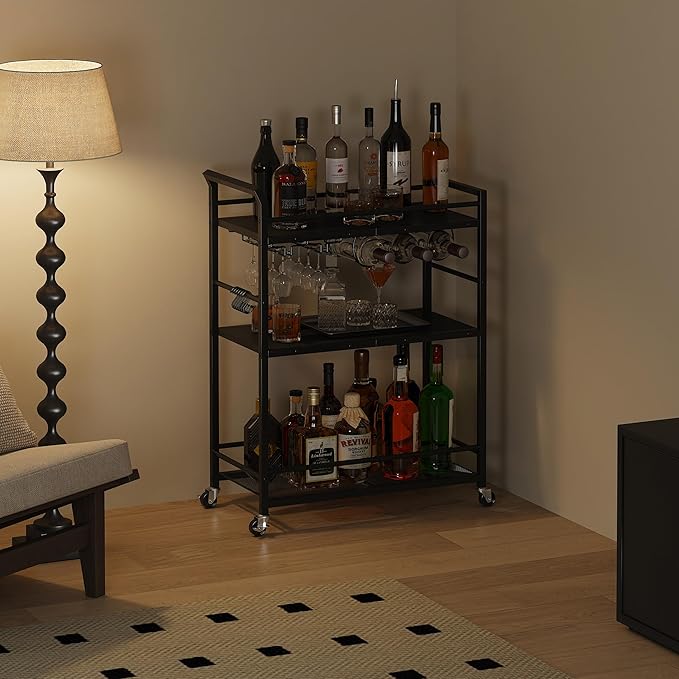 Black Bar Cart Home, Rolling Small Bar Cart, 3 Tier Liquor Cart, Wine Cart with Wine Rack, Drink Cart with Wheels, Metal Beverage Cart for Kitchen Dining Living Room Black GBC507B