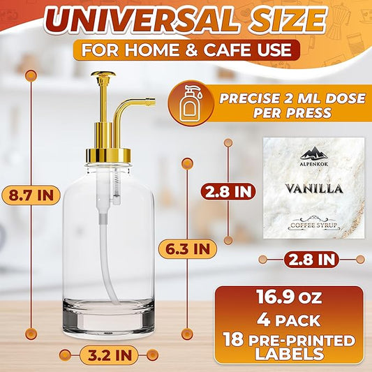 Set of 4 Coffee Syrup Bottles 16.9oz 500 ml – Coffee Syrup Glass Dispenser with 18 Marked Labels, Leak-Proof, Easy Cleaning – Coffee Station Accessories for Home Bar | Event Ready (Golden Pumps)