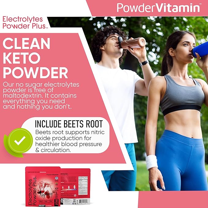 PowderVitamin Electrolytes Powder Plus (50 Servings) Raspberry Electrolyte Powder Zero Calorie Keto, 0 Sugar, No Maltodextrin,1000mg Potassium,120mg Calcium,120mg Magnesium, Hydration Powder