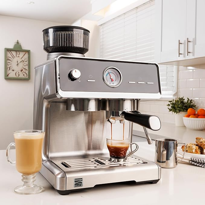 Kenmore Elite Espresso Machine – Automatic Coffee Maker with Auto Tamper, Auto Cleaning, Milk Steamer & Frother, Bean Grinder, Brew Professional Barista Style Cappuccino, Café Latte
