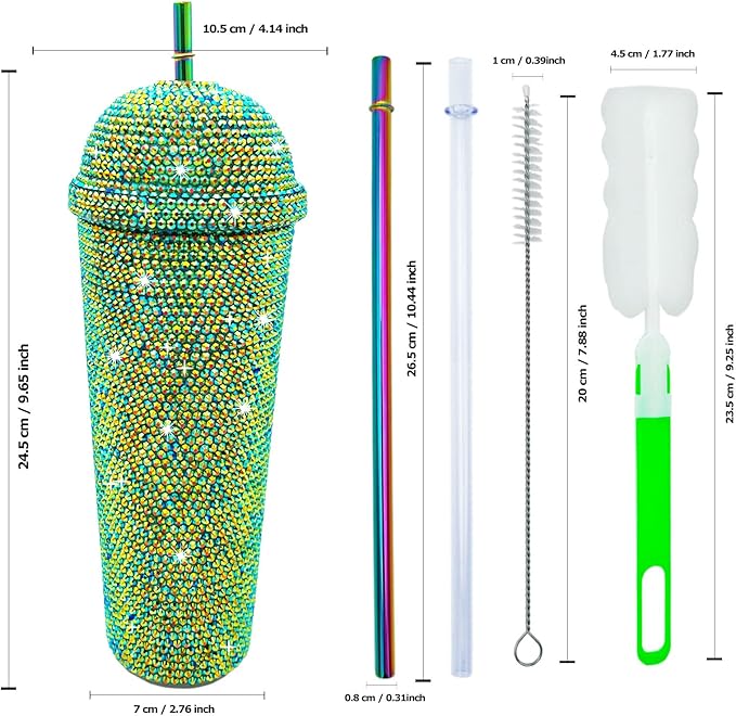 24oz Bling Cup Handmade Rhinestones Studded Tumbler Double Wall Insulated Plastic Reusable Water Bottle with Lid and Straws for Home Office Party Beach(Deep Green)