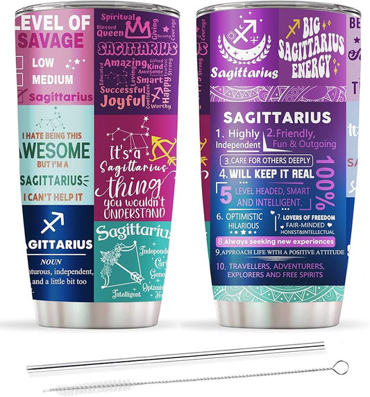 Sagittarius Gifts for Women,Sagittarius Birthday Zodiac Gifts, Astrology Gothic Witchy Constellation Insulated Tumbler With Lid Straw Purple Coffee Mug 20 OZ