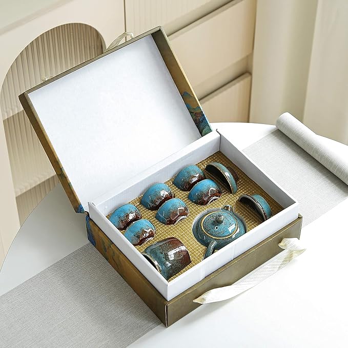 Chinese Tea Set, 10-Piece Ceramic Set with Teapot and Cups, Gongfu Tea Set,Tea Gift Sets,Outdoor and Office (Kiln-Changed Blue)