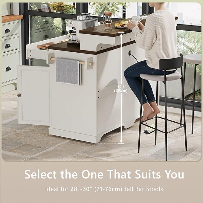 Rolling Kitchen Island with Two-Tier Bar Counter and Power Outlets, 3 Drawers & 4 Door Shelves, Mobile Kitchen Cart with Storage Cabinets & Locking Wheels for Dining Room & Kitchen, 53-Inch, White