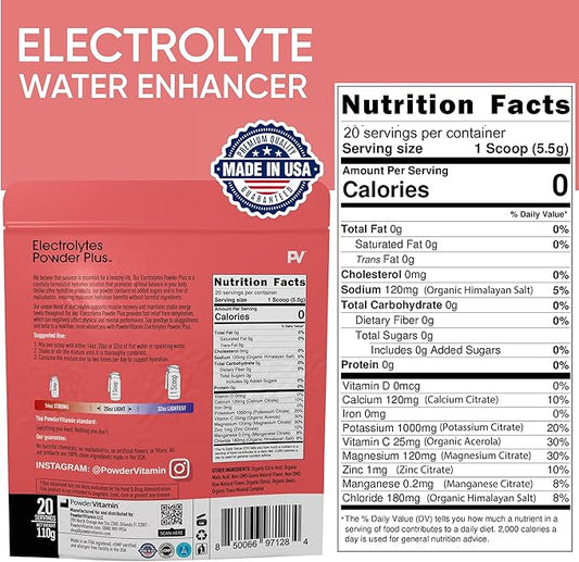 PowderVitamin Electrolytes Powder Plus (20 Servings) Guava Kiwi Electrolyte Powder Zero Calorie Keto,0 Sugar, No Maltodextrin,1000mg Potassium,120mg Calcium,120mg Magnesium, Pink Himalayan Salt