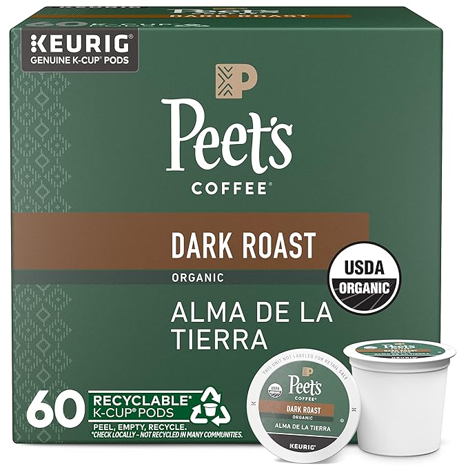 Peet's Coffee, USDA Organic Dark Roast Keurig K-Cup Pods, 100% Arabica Coffee - Alma de la Tierra 60 Count (6 Boxes of 10 Pods)
