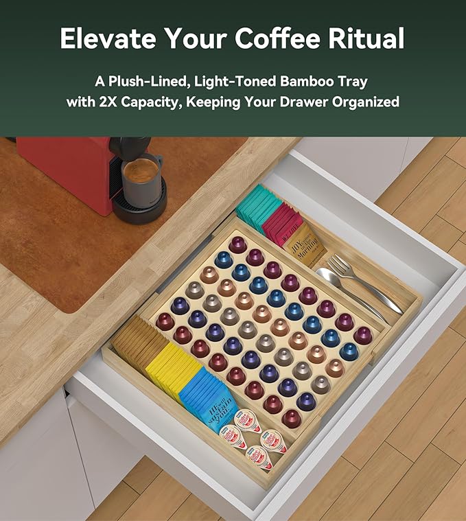 for Nespresso Original Capsules - Expandable Bamboo Coffee Pod Storgae for Counter Drawer Insert - 48 Capsules & Tea Bags Organizer (Expands from 11.6” to 18”)