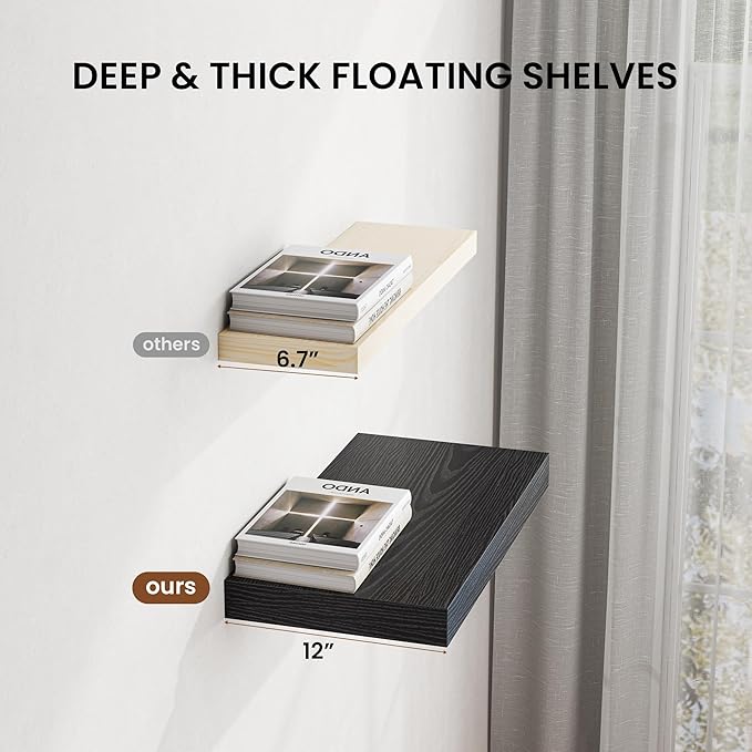 Dreamland 48" Floating Shelves for Wall, 12" Deep Thicker Black Floating Shelves, Wall-Mounted Shelves for Bedroom, Living Room, Kitchen, Bathroom - Set of 2