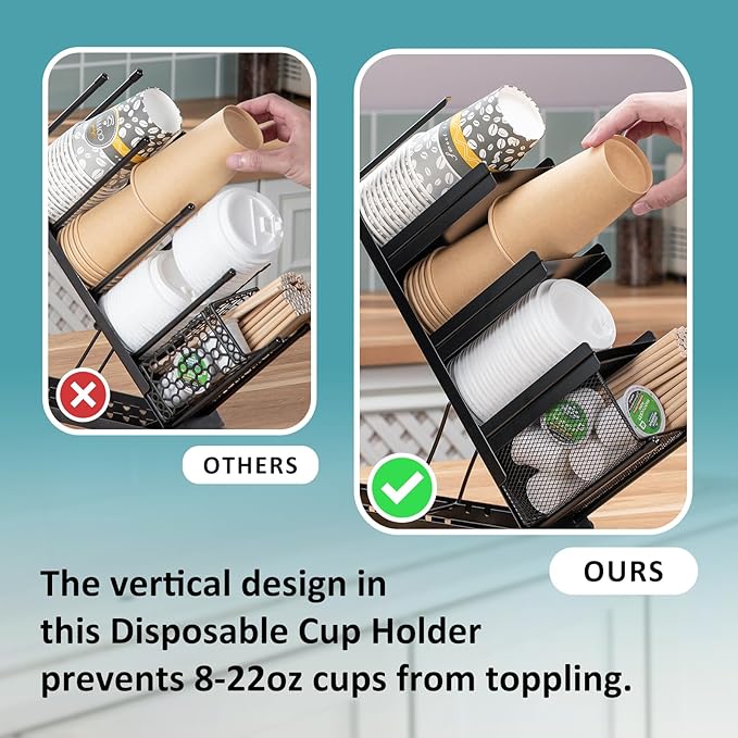 Rice rat Coffee Cup Holder Organizer 4 Compartment Disposable Cup Dispenser, Cup and Lid Holder with Mesh Basket for Countertop Coffee Station Bar, Black