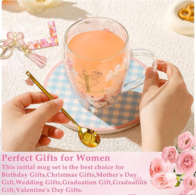Personalized Gifts for Women Flower Double Wall Cute Novelty Monogrammed Glass Coffee Mug Tea Cup with Spoon Customized Wedding Favors Unique Birthday Christmas Gifts for Bride Wife Friends Sisters(L)
