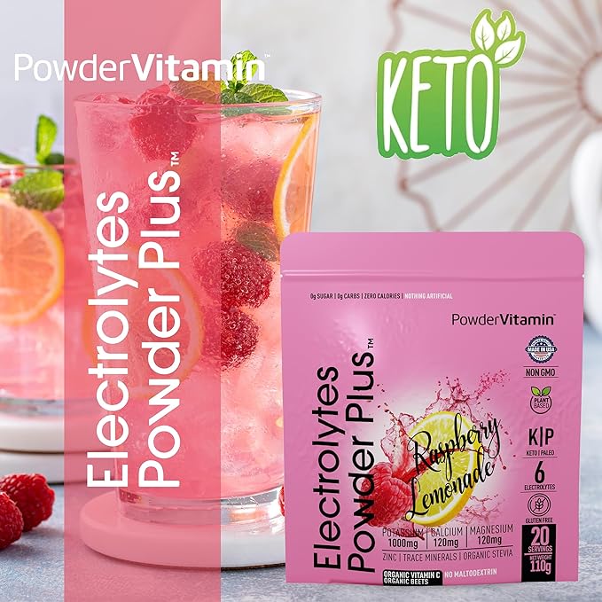 PowderVitamin Electrolytes Powder Plus (20 Servings) Raspberry Lemonade Electrolyte Powder Zero Calorie Keto,0 Sugar,No Maltodextrin,1000mg Potassium,120mg Calcium,120mg Magnesium, Pink Himalayan Salt