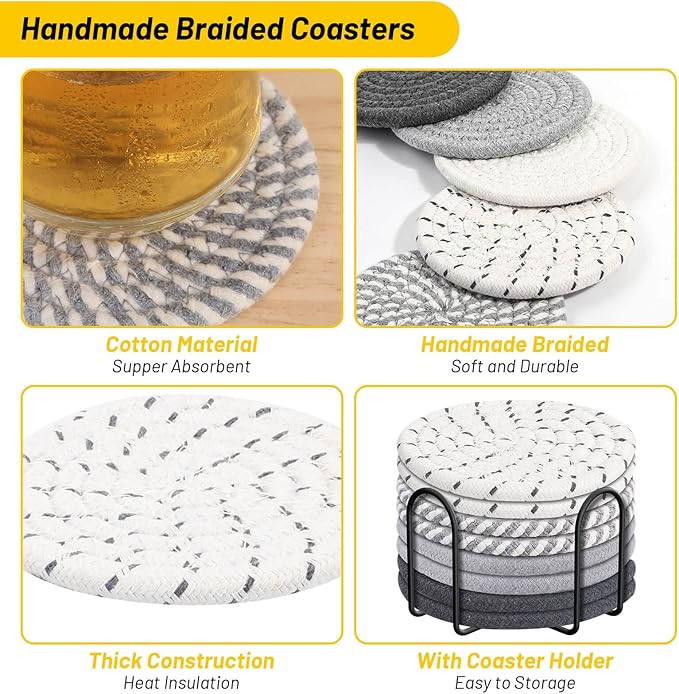 Billbotk 10 Pieces Coasters for Drink Absorbent, 5 Colors Drink Coasters with Holder, Woven Coasters Set for Coffee Table, Wooden Table Decor, Home Decor, 4.3 Inches