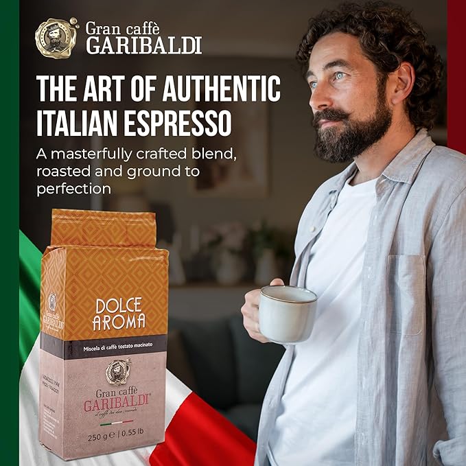 Gran Caffè Garibaldi Ground Espresso Coffee – Finely Ground for Espresso Machines & Cafe Brews – Premium Arabica Blend, Rich & Smooth Roast – Italian Roasted Coffee, 250g (Dolce Aroma)