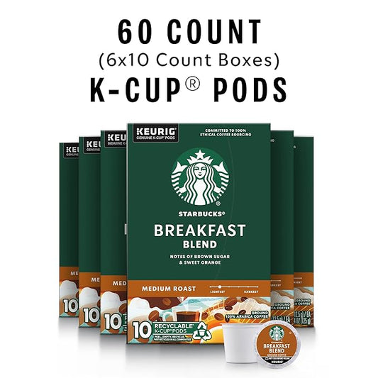 Starbucks K-Cup Coffee Pods, Medium Roast Hot or Iced Coffee, Breakfast Blend, 60 Keurig Pods
