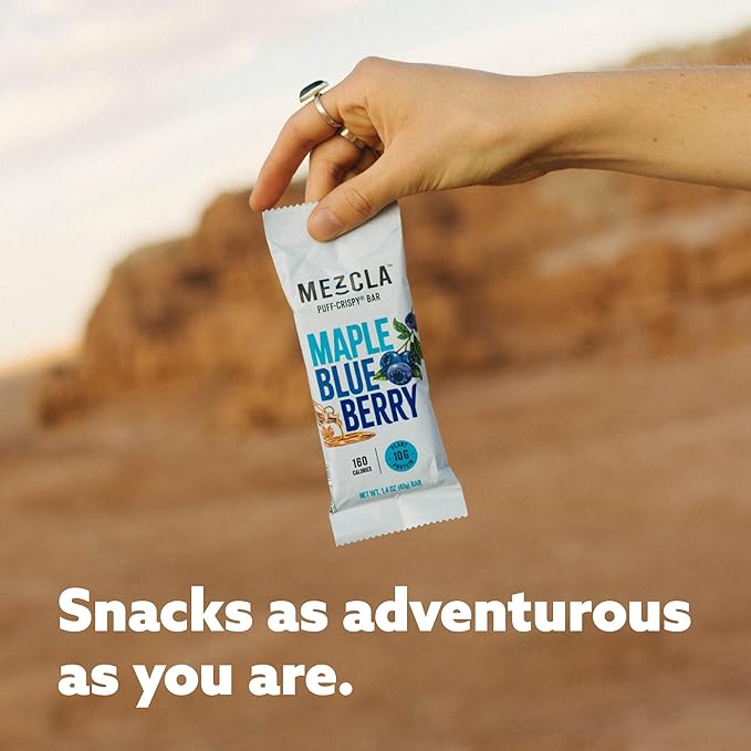 Mezcla Puff Crispy Protein Bars, Gluten Free & Vegan Protein Bars, 10g Protein, Alt for Crispy Rice Treat, Granola Bars & Breakfast Bars, Healthy Snacks for Adults, Maple Blueberry, 12 Pack