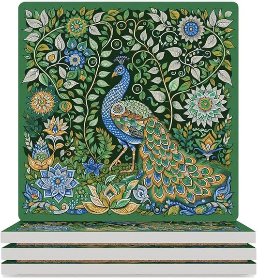 Peacock Drink Coasters, Square Ceramic Drink Coaster Square-4PCS, Beautiful Green Plant Floral Peacock Boho Art Pattren Decor Absorbent Ceramic Coasters for Beverage Cup, Bar, Coffee Table