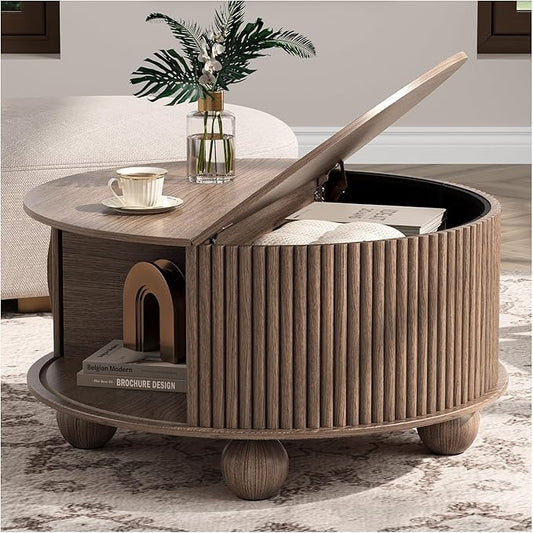Round Coffee Table with Storage, 31.5" Walnut Fluted Drum Center Table, Mid Century Modern Wood Circle Table with Sliding Door & Bun Feet for Living Room