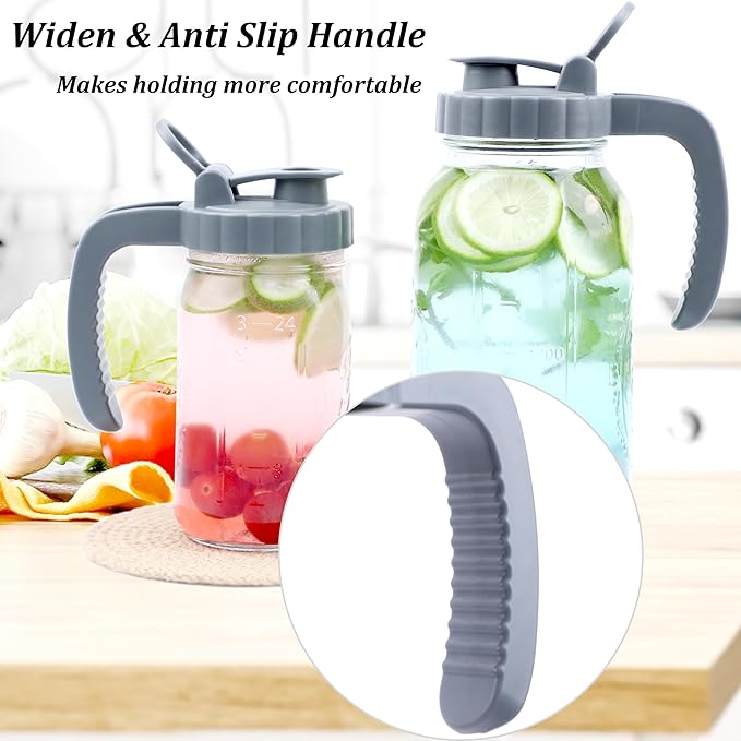 Mason Jar Pitcher 64 OZ Glass Pitcher With Pour Spout Lids (2 Pack) Airtight Leak Proof 2 Quart Wide Mouth Water Pitcher With Handle And Flip Cap For Iced Tea,Milk,Sun Tea, Lemonade,Juice,Iced Coffee