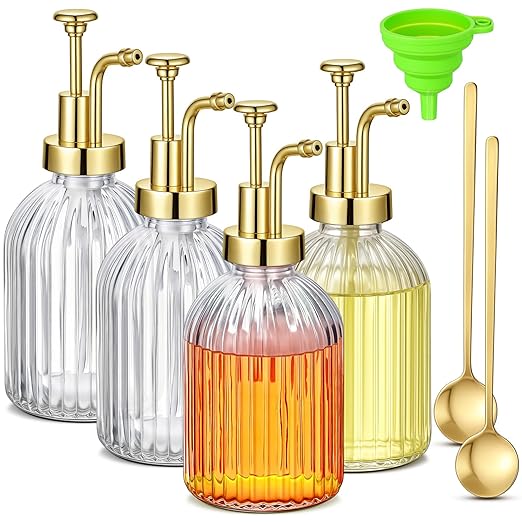 LemonRoad 4 Pcs Coffee Syrup Dispenser for Coffee Bar 10oz Glass Syrup Pump Dispenser with Gold Pump, Gold Scoop and Funnel for Bar Accessories