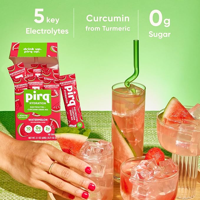 Pirq Hydration - Watermelon - Hydration Powder Packets | Electrolyte Drink Mix | Curcumin | B Vitamins | Zero Sugar | Keto Friendly | 10 Sticks