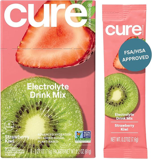 Cure Hydration Plant-Based Electrolyte Drink Mix | No Added Sugar | Dehydration Relief | Coconut Water Powder | FSA-HSA Eligible | Non-GMO, Vegan | 8 Packets – Strawberry Kiwi