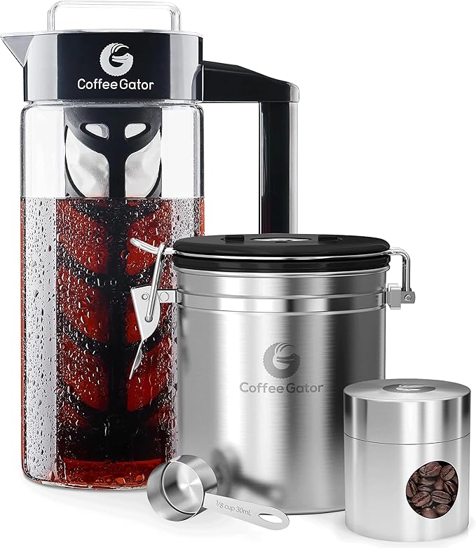 Coffee Gator 47oz Cold Brew Coffee Maker & 16oz Stainless Steel Coffee Canister Set - Ideal Coffee Lovers Gifts for Her