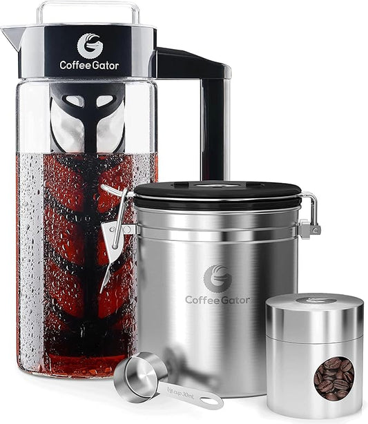 Coffee Gator 47oz Cold Brew Coffee Maker & 16oz Stainless Steel Coffee Canister Set - Ideal Coffee Lovers Gifts for Her