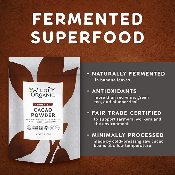 Wildly Organic Fermented Cacao Powder 16 Oz, 1 lb Bag - Organic, Non-Alkalized, Minimally Processed, High in Antioxidants, Raw, Fair Trade, Non-GMO, Kosher, Vegan, Premium Rich Chocolate Flavor - Perfect for Skin, Hair, Smoothies, Yogurt, Oatmeal, Baki...