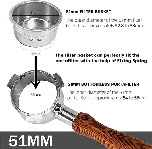NEOUZA 51mm Stainless Steel Filter Basket 1/2/4 Cup for Espresso Bottomless Portafilter,compatible with Delonghi,Yabano,Breville 51mm Coffee Machine.Gift: Blind Filter and Scoop Clip