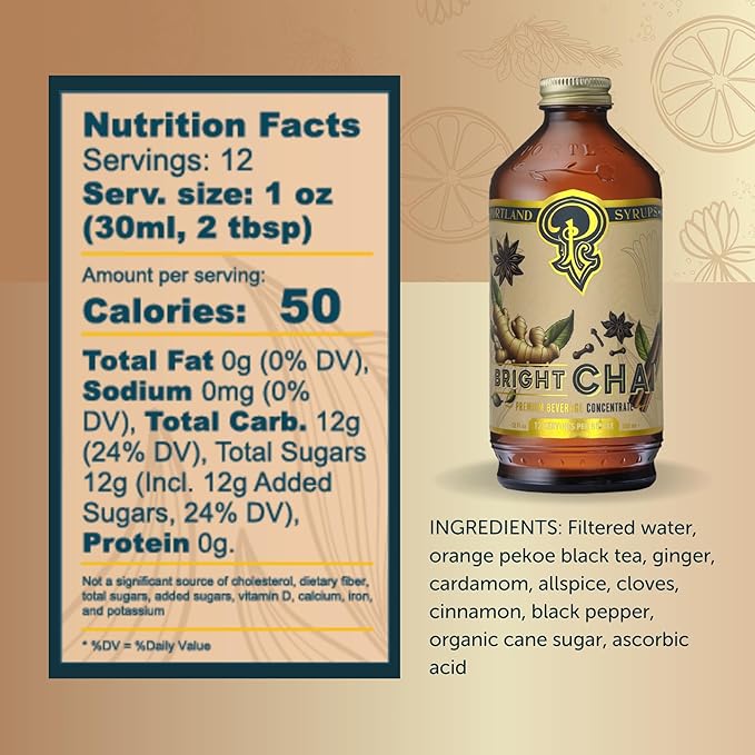 Portland Syrups Bright Chai Syrup - Coffee, Cocktails, Mocktails & Sodas - Premium Concentrate - Orange Pekoe, Ginger, Cinnamon, Cloves & Cardamom - Organic Cane Sugar - 12 oz, 12 Servings (Pack of 1)