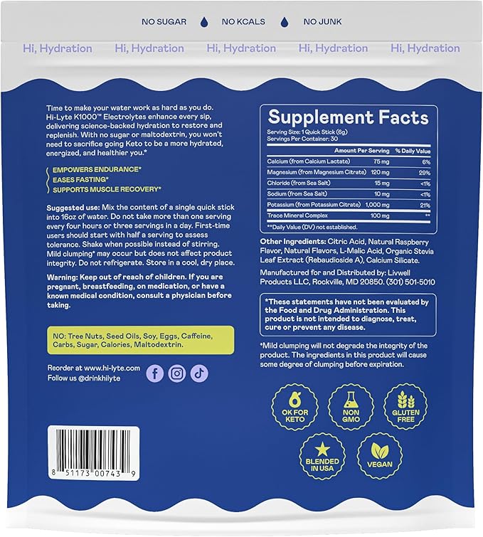 Hi-Lyte K1000 Blue Raspberry Electrolytes Powder Packets, 30 Servings - 1000mg Potassium + Magnesium, Sodium, Trace Minerals - 0 Carbs, 0 Sugar