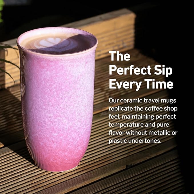 NOVA CERAMICS Coffee Travel Mug – Cup Holder Friendly Travel Mug– Microwave & Dishwasher Safe White & Purple Tumbler - Coffee Mug Fits In Cup Holder – 16oz – Astral Bloom