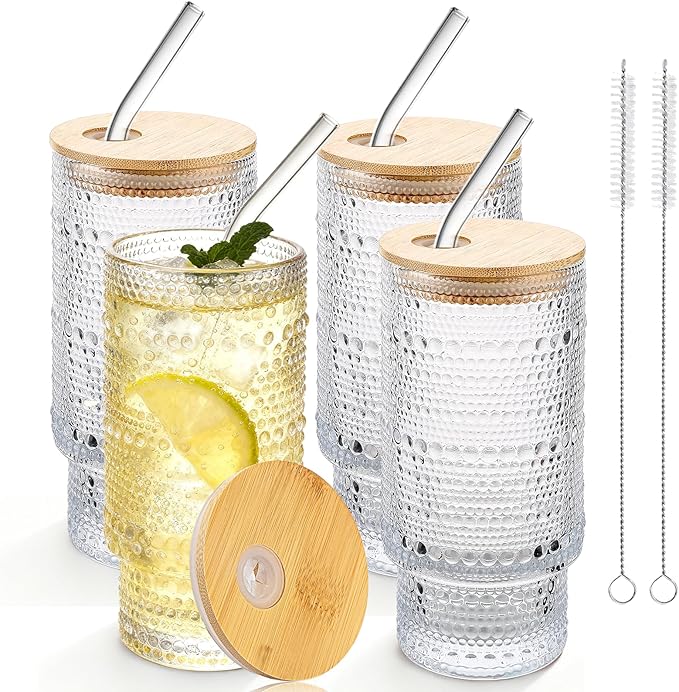 Hobnail Drinking Glasses 16 oz, 4 Pack Vintage Hobnail Glassware, Clear Water Glasses Tumbler, Kitchen Cups for Juice, Beer, Cocktail, Whiskey