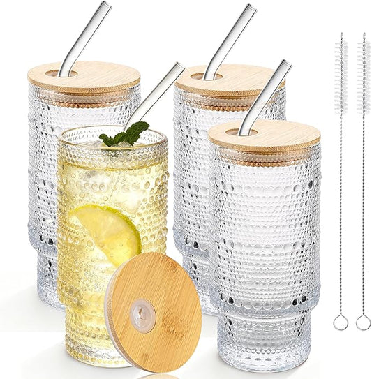 Hobnail Drinking Glasses 16 oz, 4 Pack Vintage Hobnail Glassware, Clear Water Glasses Tumbler, Kitchen Cups for Juice, Beer, Cocktail, Whiskey