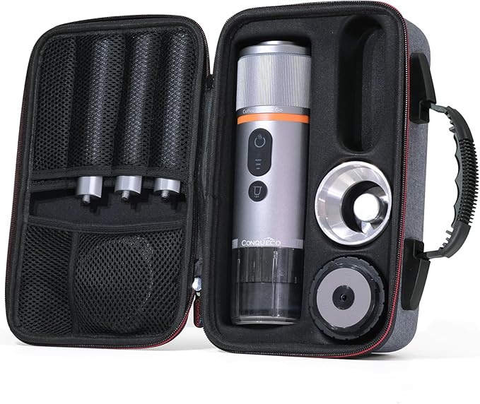 CONQUECO Portable Espresso Machine Travel: 12v Car Coffee Maker Set with Battery for Camping - Small Electric - 2.5 Mins Heating - With Ground Coffee & NS Capsule & Handbag for RV, Hiking, Office