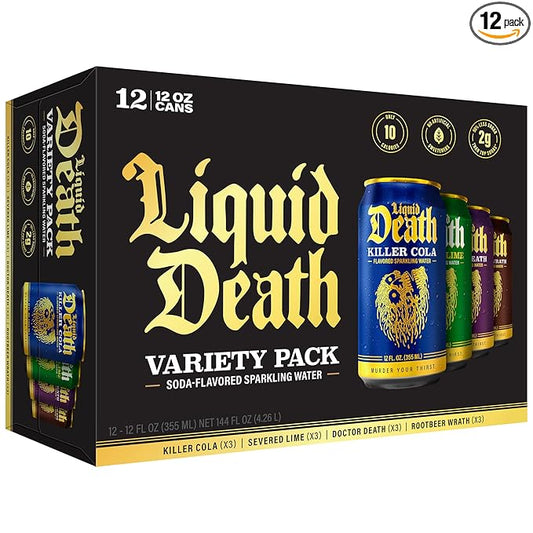 Liquid Death Soda-Flavored Sparkling Water - Classic Variety, Less Sugar*, Huge Flavor, No Caffeine, No Artificial Sweeteners, 4 Flavors: Lime, Doctor Death, Cola, Root Beer, 12 Fl Oz (Pack of 12)