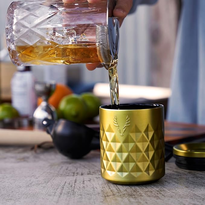 Viski Paragon Stainless Steel Rocks Tumbler Cup with Lid, Insulated Ceramic Lined Metal Whiskey Glass for Patio, Outdoor BBQ Party, Gifts for Cocktail and Drink Lovers, 12 oz, Set of 1, Gold