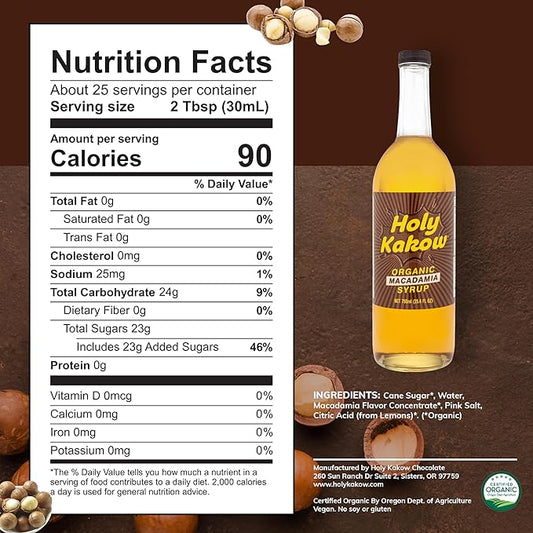 Holy Kakow Cafe Organic Macadamia Syrup - Macadamia Coffee Syrup, Organic Syrup for Coffee, Latte, Cocktail and Shake, Real Food Ingredients - 750ml