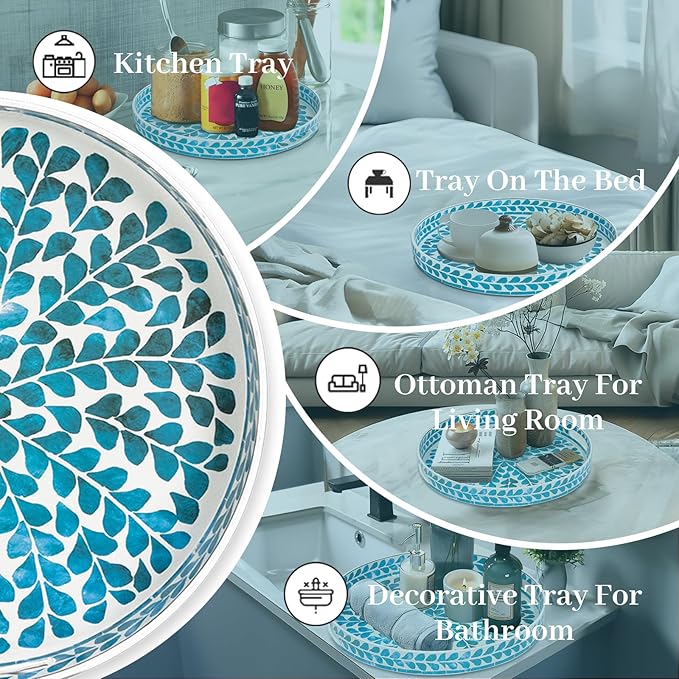 MAONAME Blue Decorative Tray, 13" Round Serving Tray with Handles, Leaf Pattern Sticker Trays for Coffee Table, Plastic Trays for Living Room, Bedroom