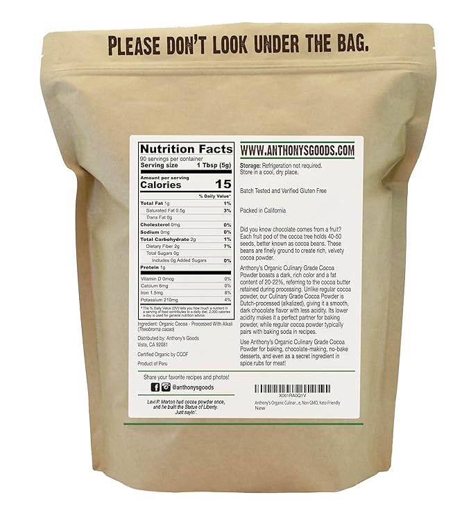 Anthony's Organic Culinary Grade Cocoa Powder, 1 lb, Dutch Processed Baking Cocoa, Gluten Free, Non GMO, Keto Friendly (Pack of 2)