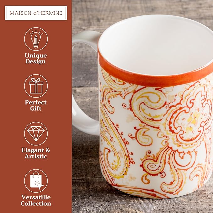 Maison d' Hermine Coffee Mug with Handles Fine Bone China Mugs Pack of One Tea Cups for Hot Beverages Cappuccino Latte Home Office Perfect for Gift (Palatial Paisley - Paisley Autumn, 15 Ounce)