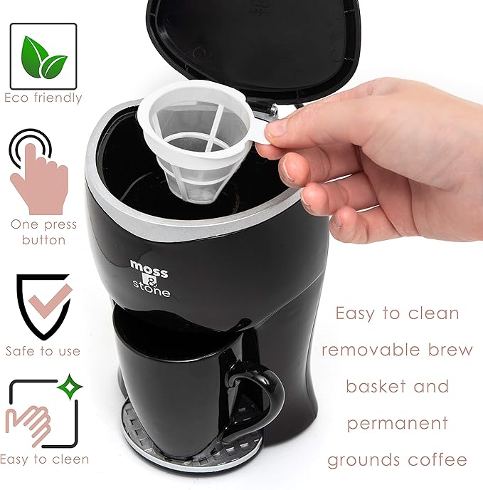 Moss & Stone Mini Drip Coffee Maker with Mug, Small Coffee Pot With Coffee Cup, One Cup Coffee Maker (1 Drip & 4oz Mug)